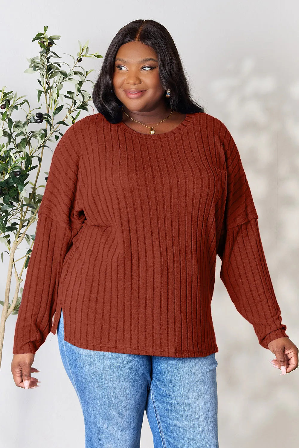 Basic Bae Full Size Ribbed Round Neck Slit Knit Top – Stylish Comfort
