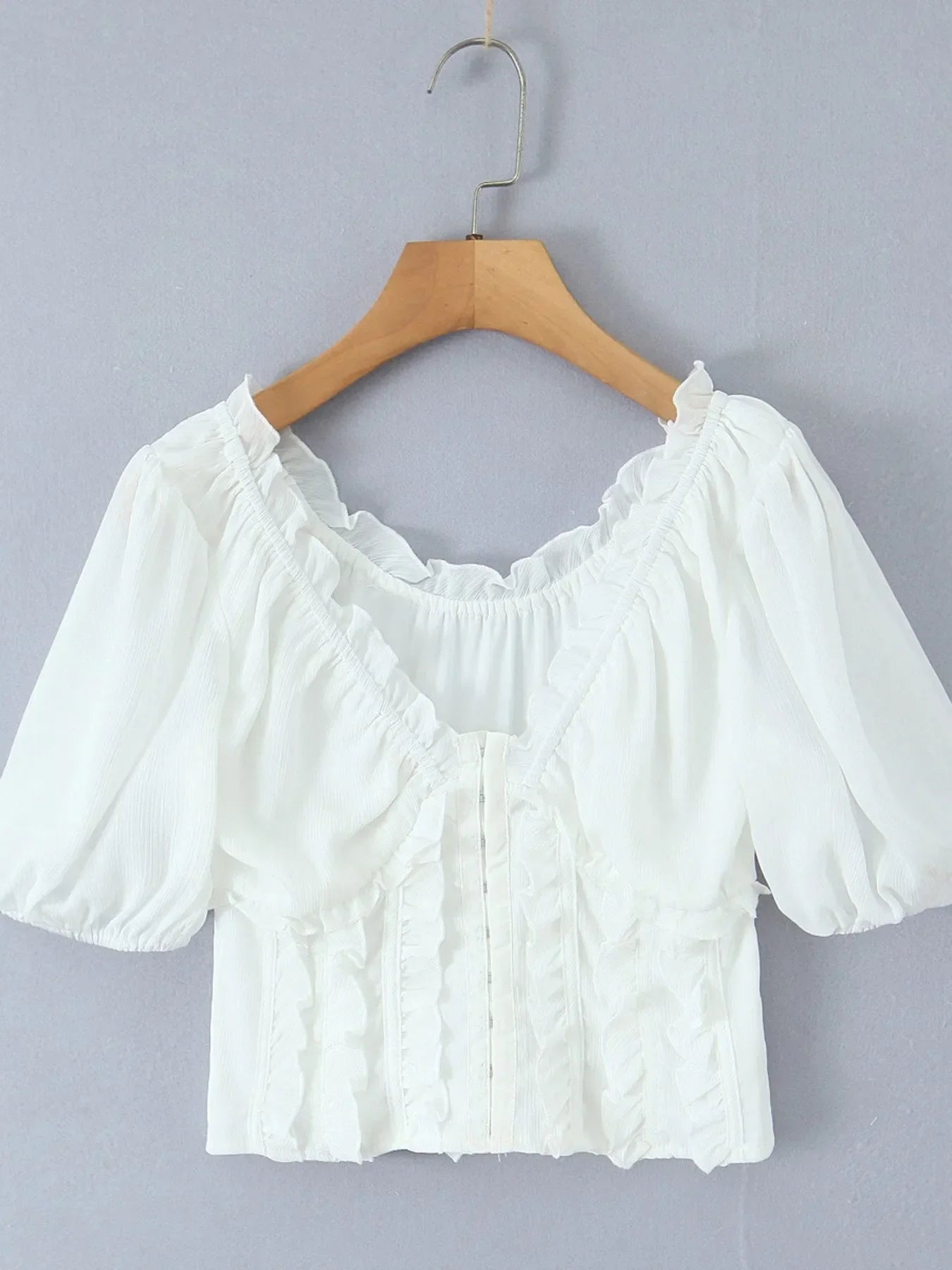 Frill V-Neck Puff Sleeve Blouse | Elegant Women’s Tops at Centprime