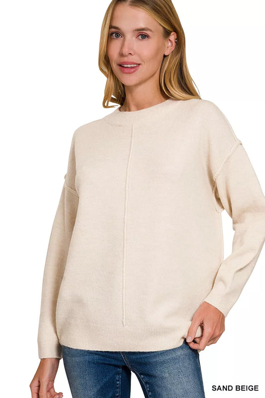 Melange Front Seam Round-Neck Sweater by Zenana – Cozy & Stylish