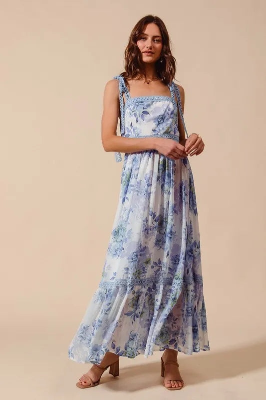 Floral Print Flowy Maxi Dress with Lace Ribbon Tie – Elegant Style