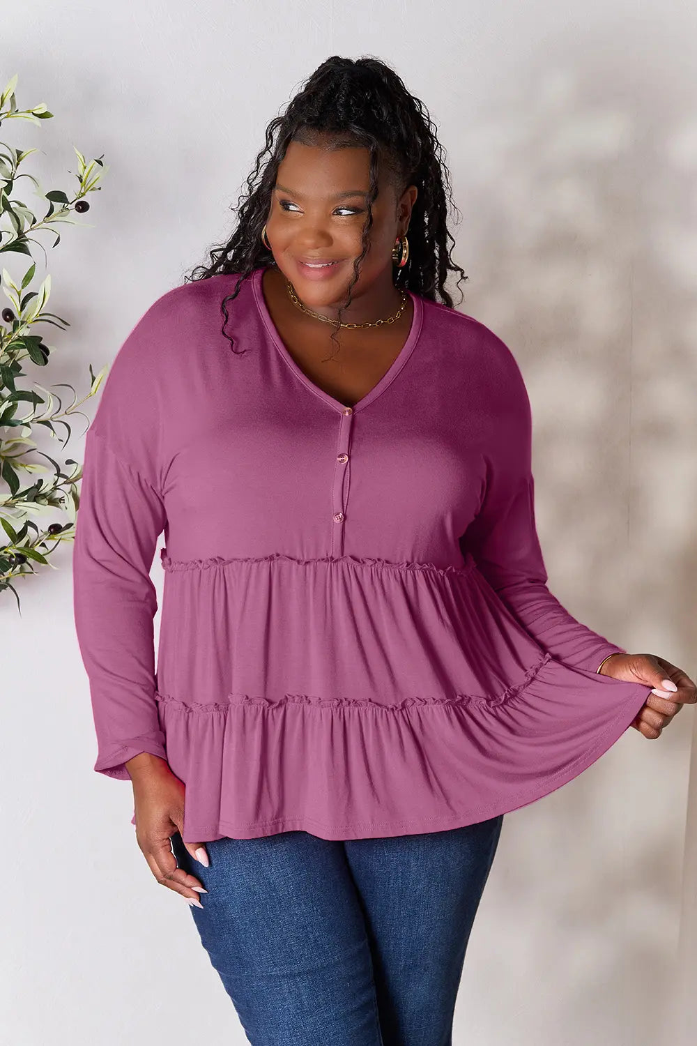 Double Take Half Button Long Sleeve Ruffle Hem Blouse | CentPrime