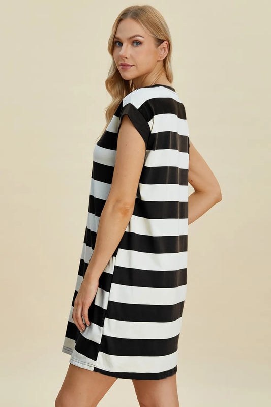 Side view of Basic Bae striped mini dress showing cap sleeves and relaxed casual fit for summer wear