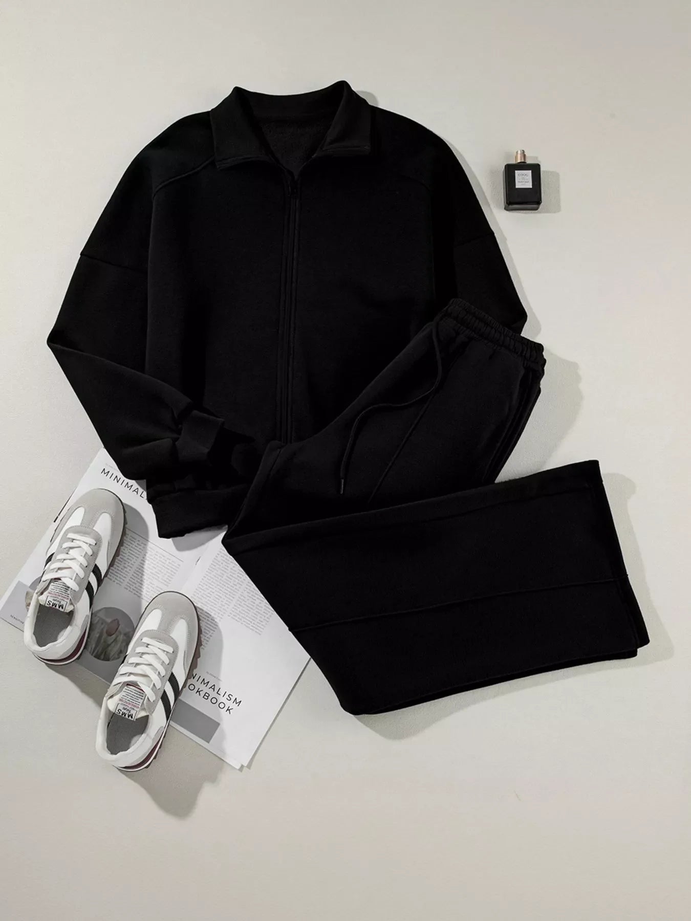 Drop Shoulder Zip Up Jacket & Drawstring Pants Set Activewear