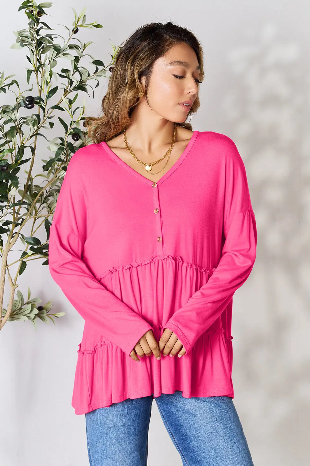 Double Take Half Button Long Sleeve Ruffle Hem Blouse | CentPrime