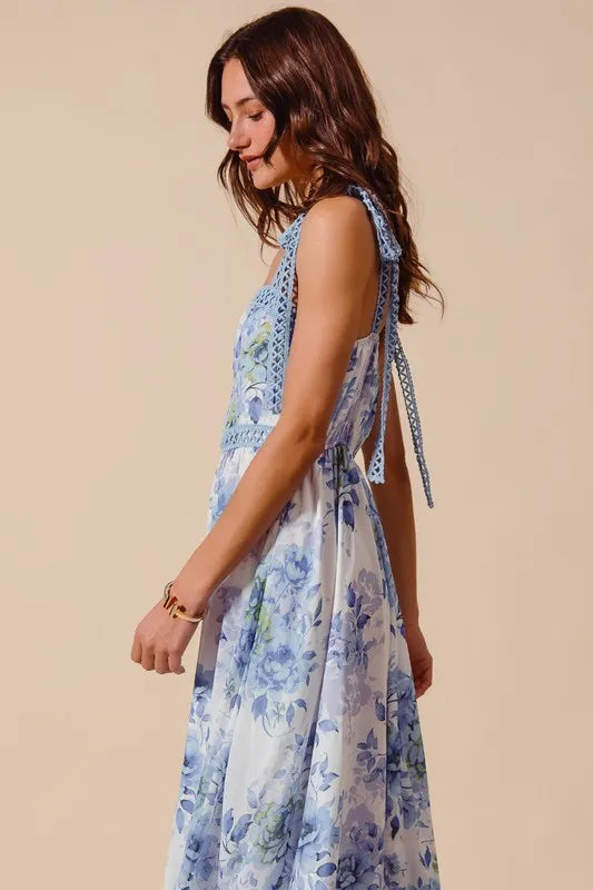 Floral Print Flowy Maxi Dress with Lace Ribbon Tie – Elegant Style