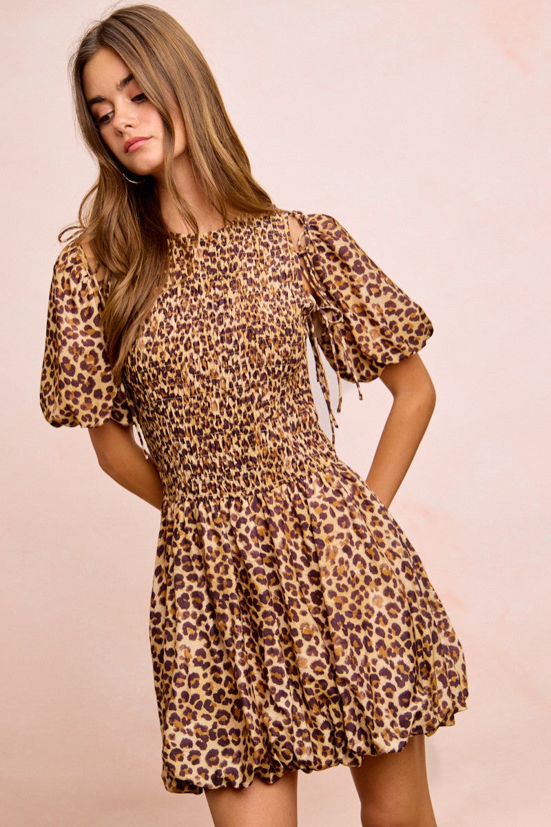 BiBi Leopard Bow Tie Dress with Attachable Puff Sleeves for Women CentPrime BiBi Leopard Bow Tie Dress with Attachable Puff Sleeves for Women CentPrime