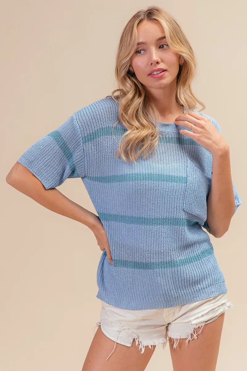 Fourth front view of BiBi lightweight striped sweater top highlighting patch pocket detail and versatile layering fit