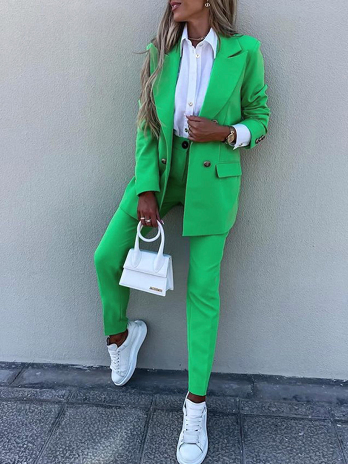 Lapel Collar Long Sleeve Blazer and Pants Set – Elegant Workwear Style