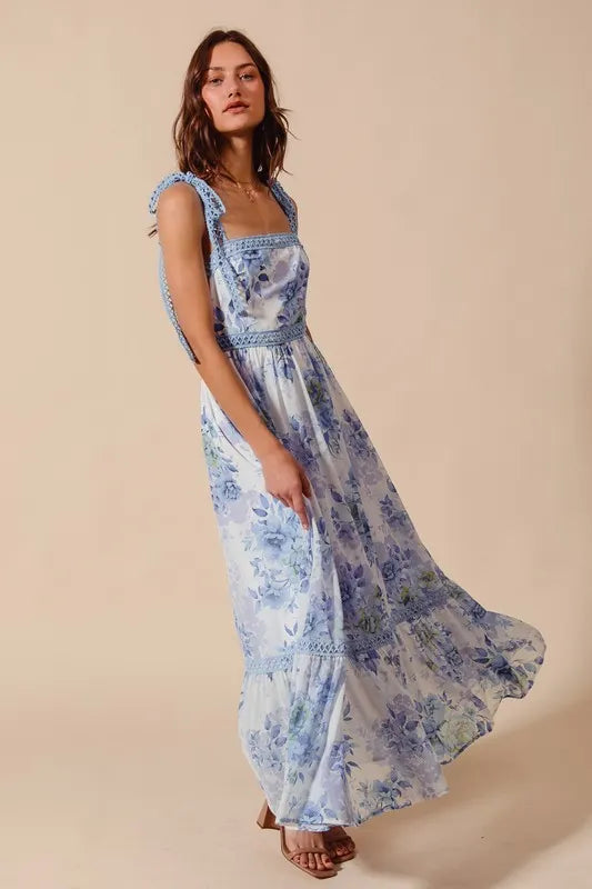 Floral Print Flowy Maxi Dress with Lace Ribbon Tie – Elegant Style