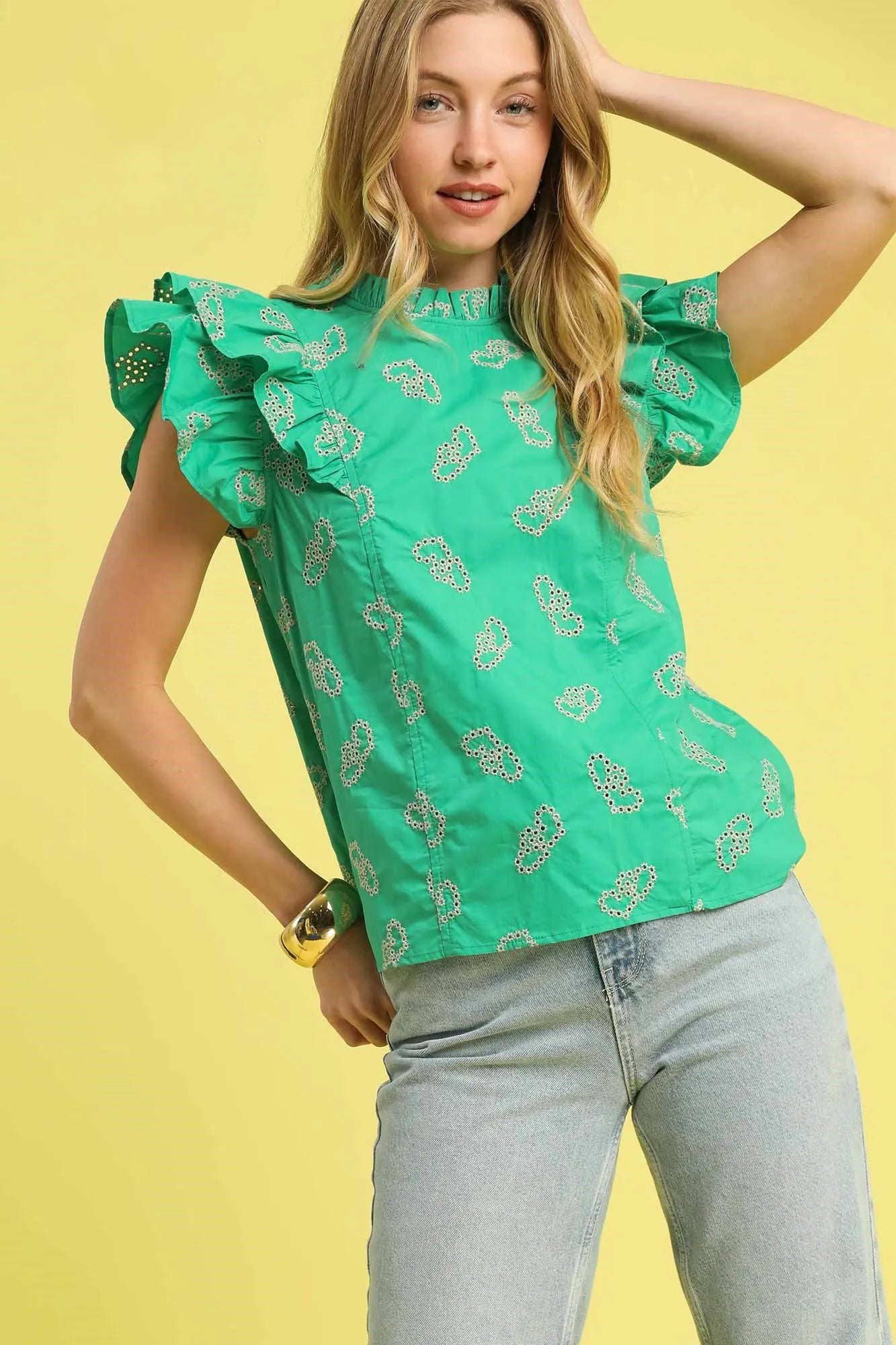 Umgee Eyelet Ruffle Cap Sleeve Blouse for Effortless Style