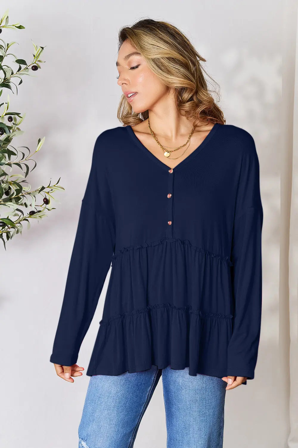 Double Take Half Button Long Sleeve Ruffle Hem Blouse | CentPrime