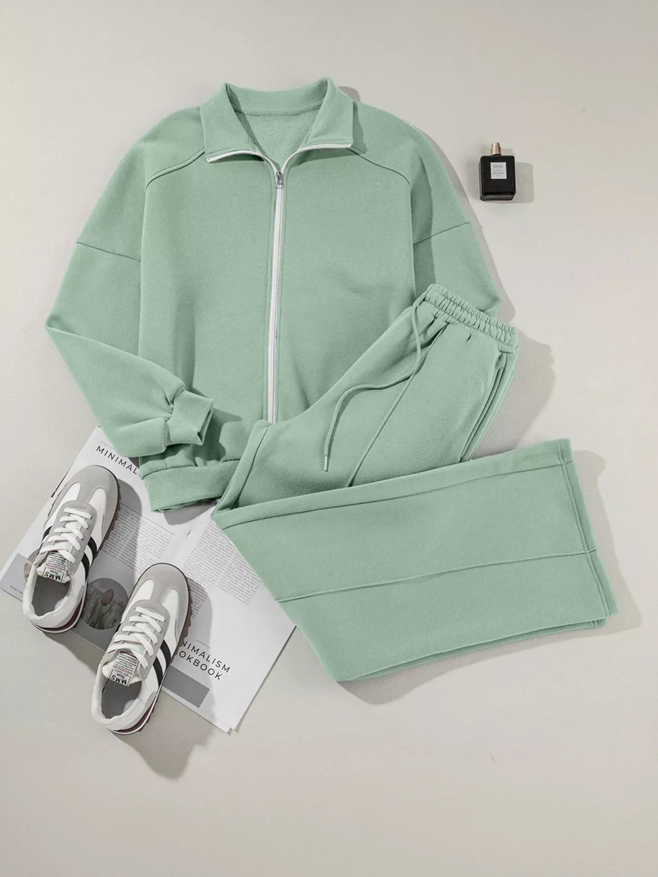 Drop Shoulder Zip Up Jacket & Drawstring Pants Set Activewear