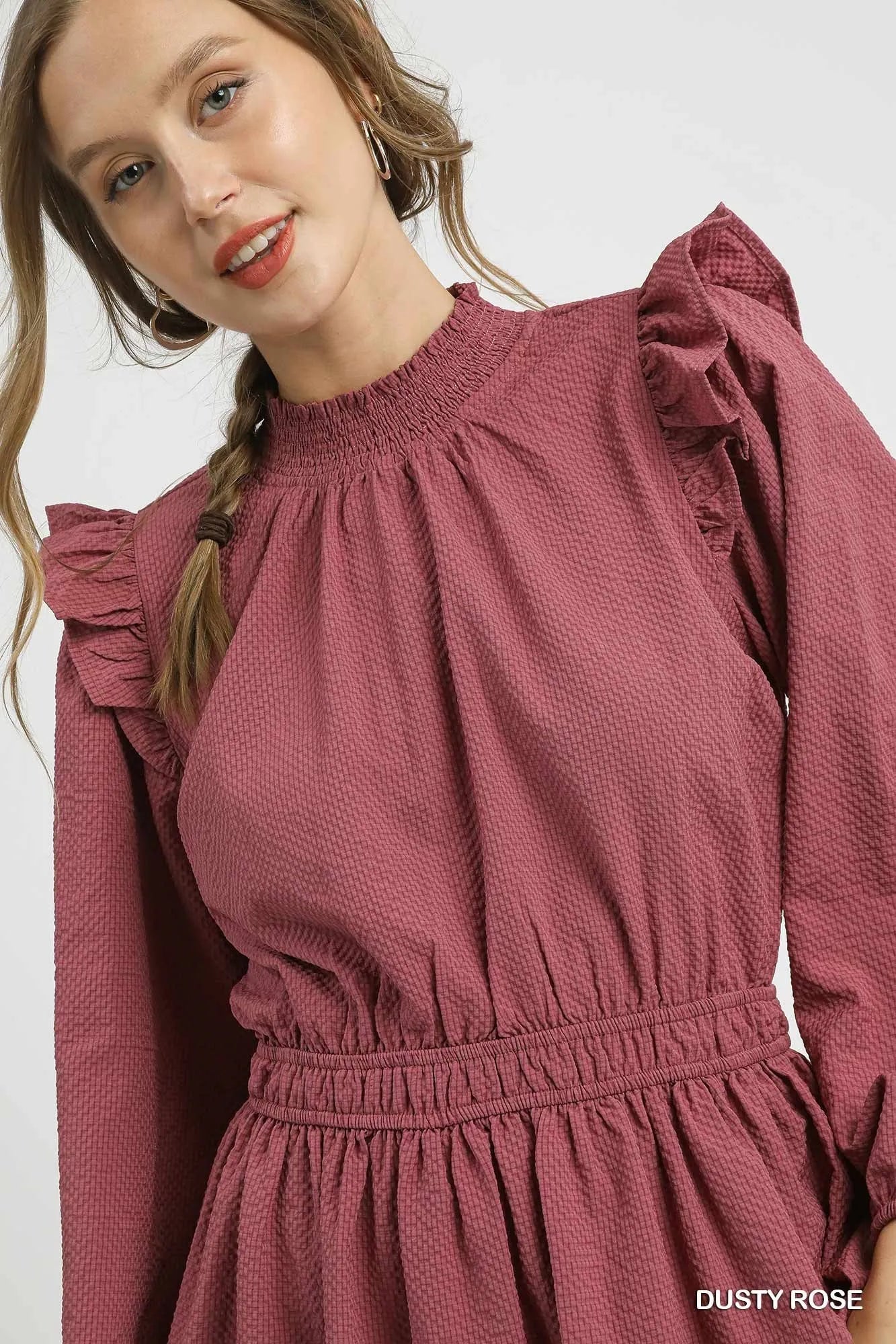 Textured Midi Dress with Ruffle Shoulder Detail by Umgee – Elegant