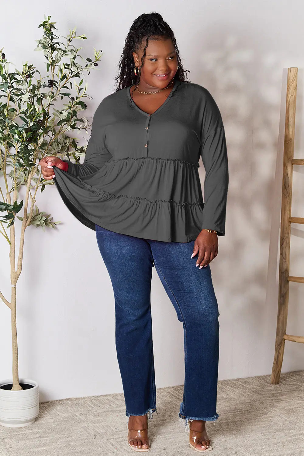 Double Take Half Button Long Sleeve Ruffle Hem Blouse | CentPrime
