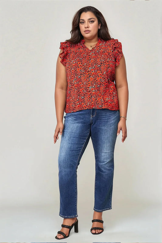 Double Take Floral Flutter Sleeve Notched Neck Blouse - Feminine Chic