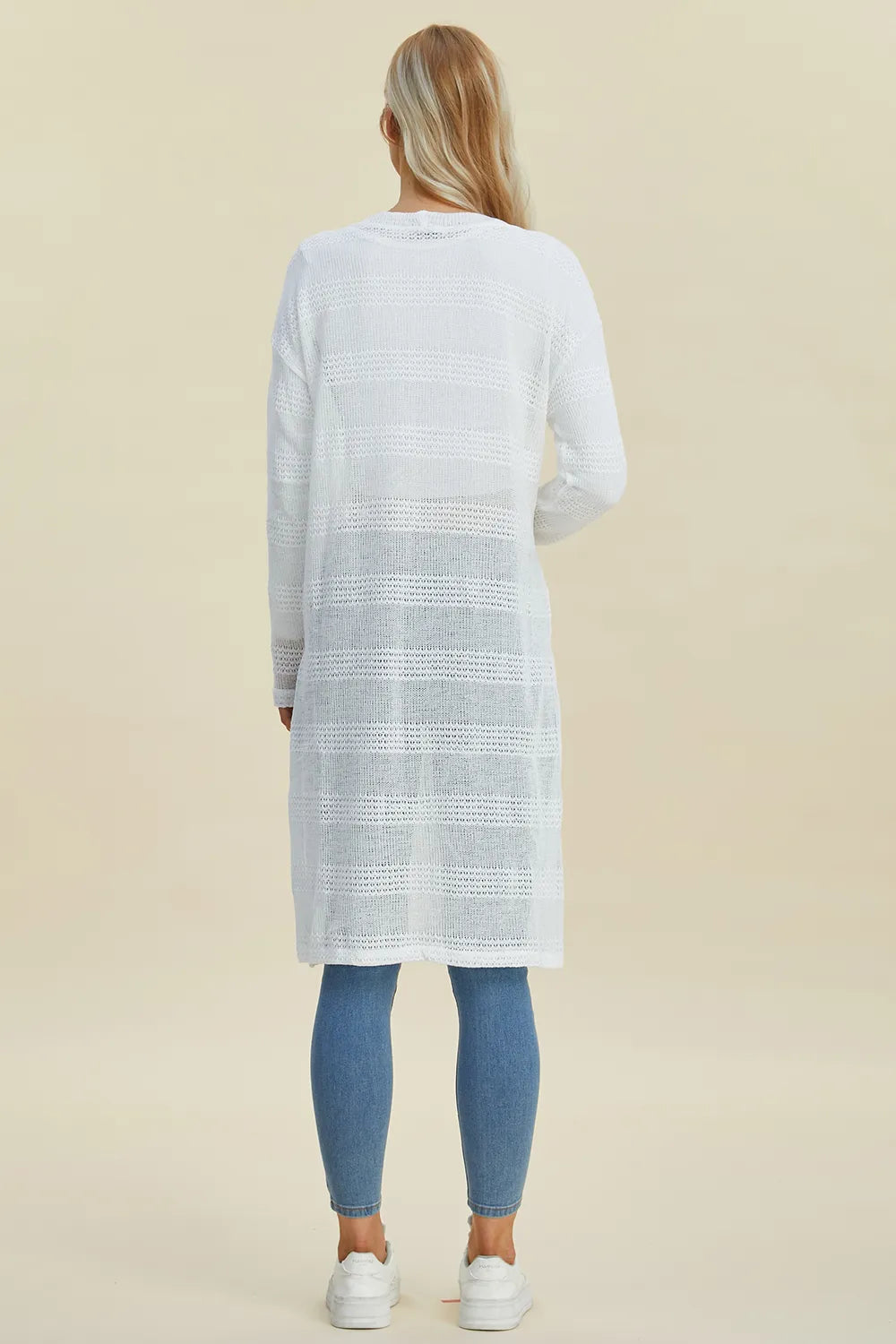 Back view of Double Take longline cardigan highlighting relaxed silhouette