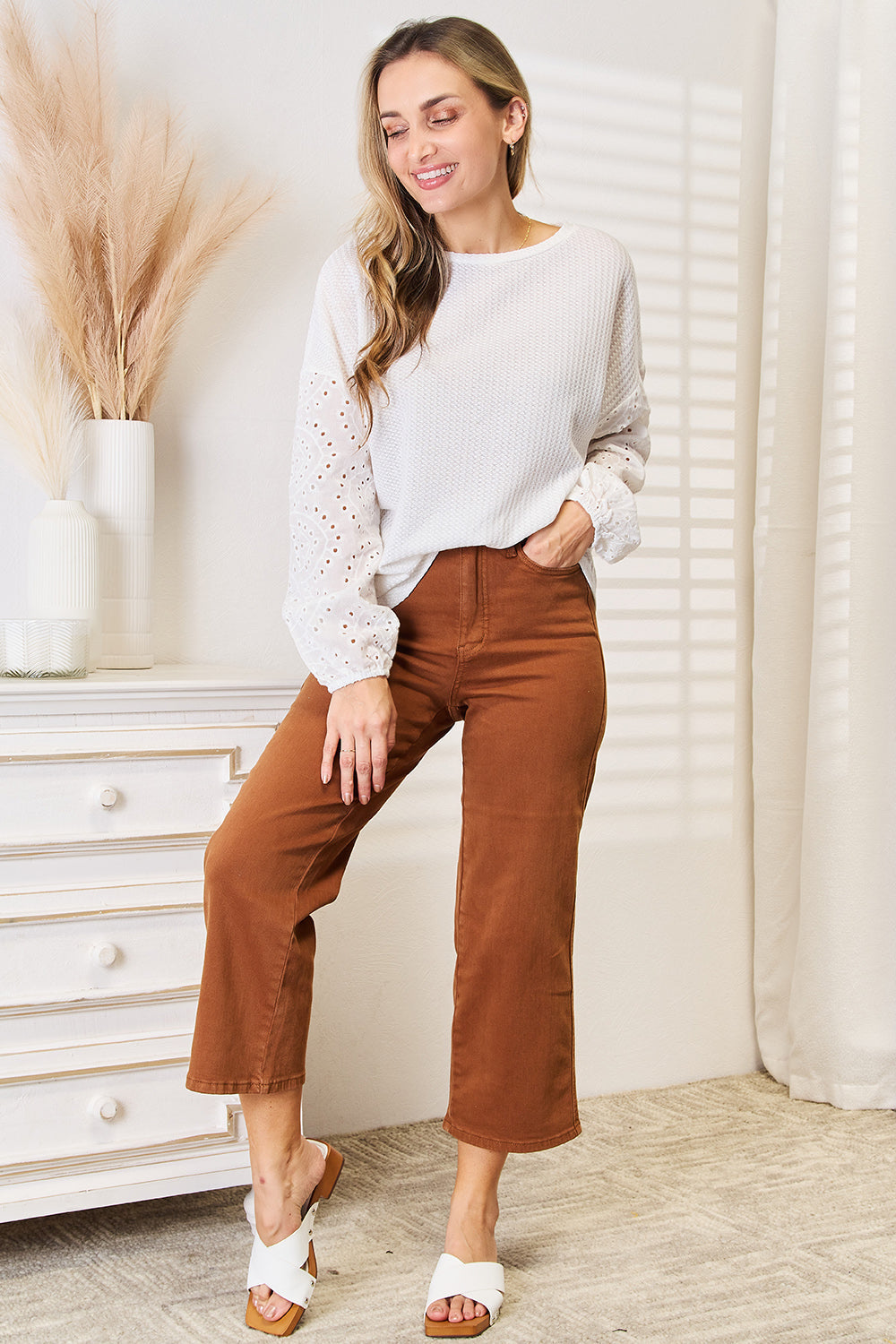 Shiny Eyelet Dropped Shoulder Round Neck Blouse | CentPrime