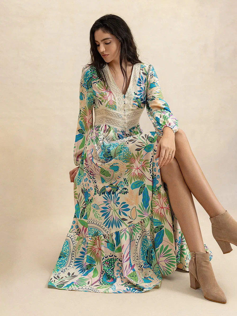 Slit Printed V-Neck Dress – Stylish & Breezy for Any Occasion