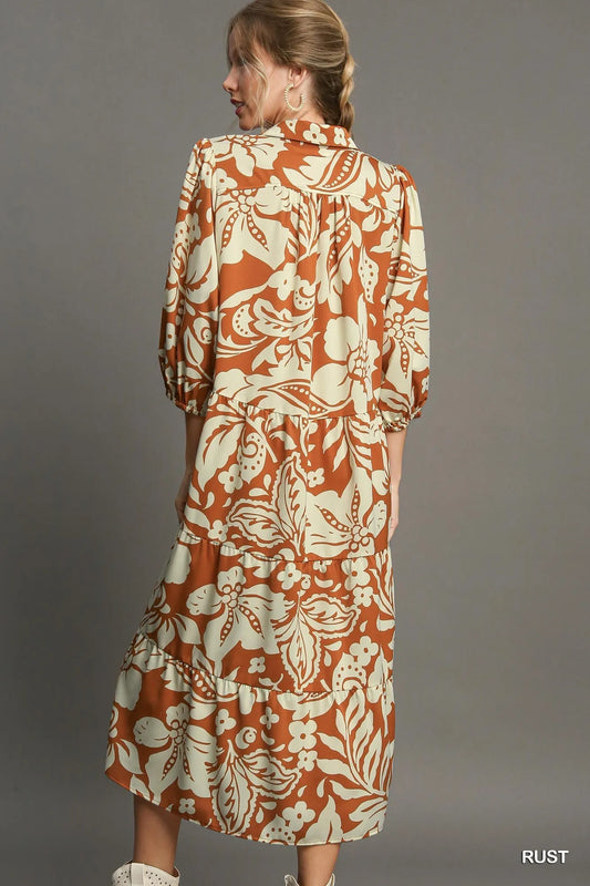 Umgee Full Size Floral Tiered Midi Shirt Dress Plus Size - Flowy Fit