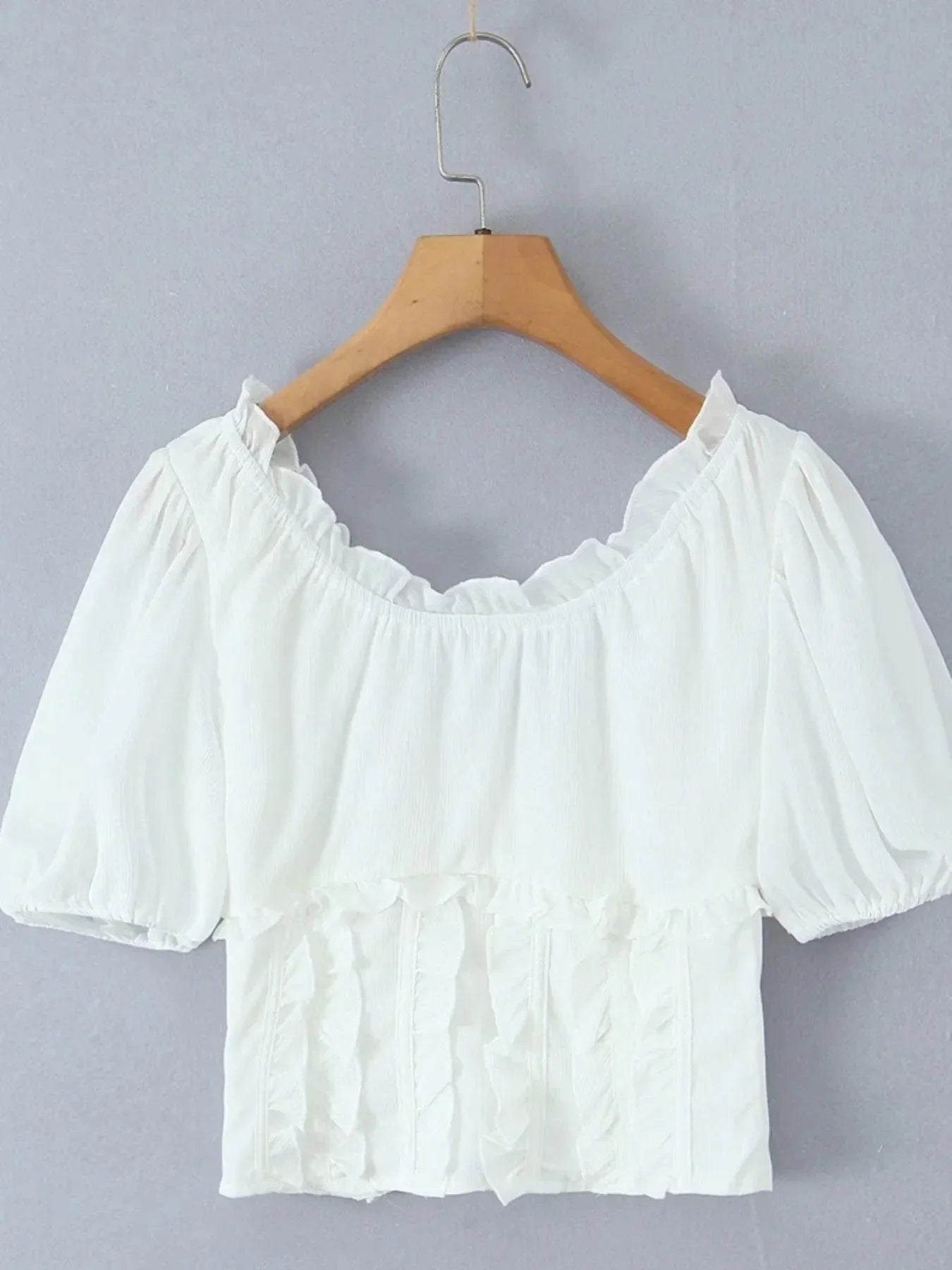 Frill V-Neck Puff Sleeve Blouse | Elegant Women’s Tops at Centprime