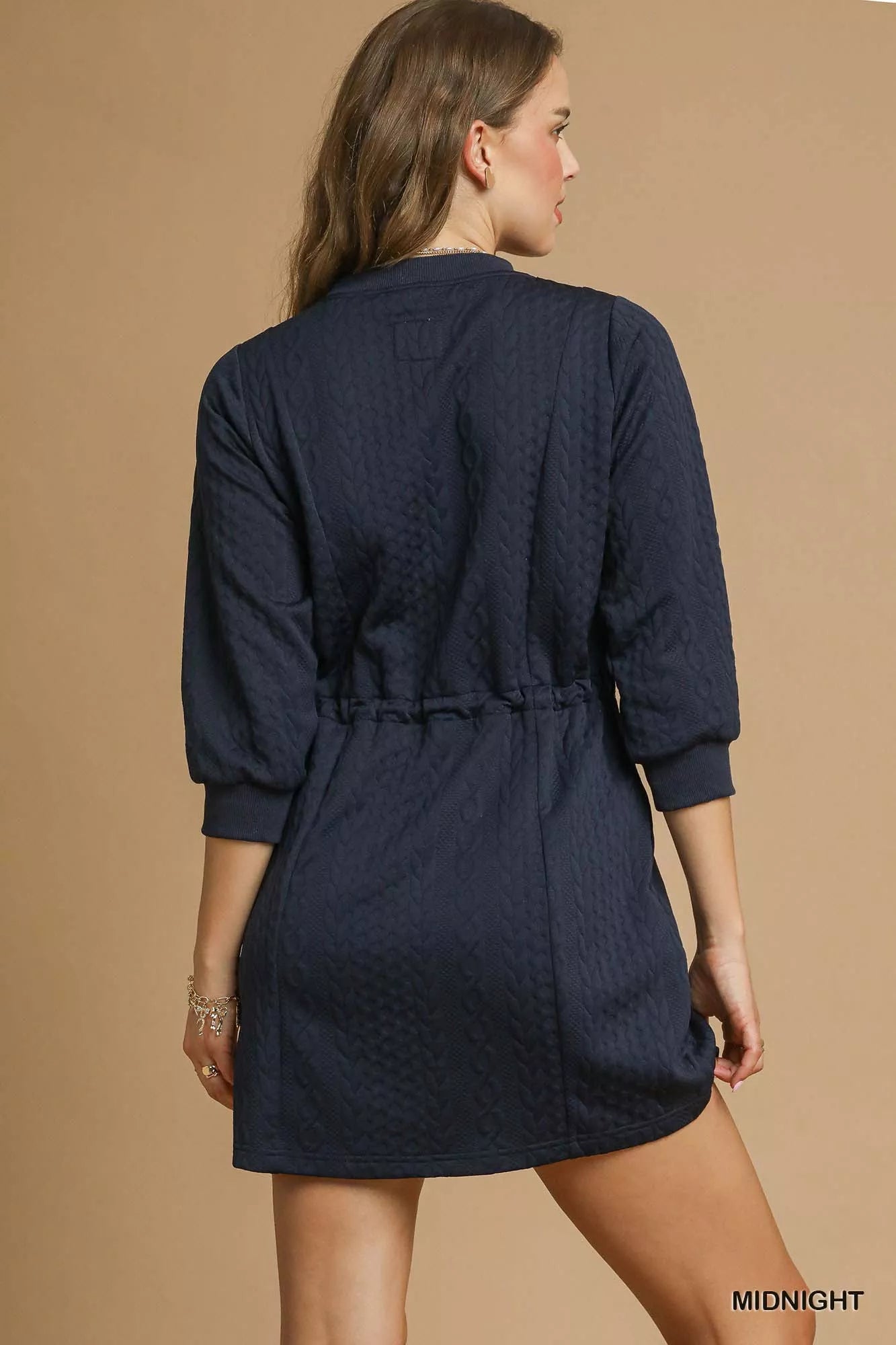 Umgee Drawstring Cable Knit Mini Dress with Pockets - Cozy & Chic