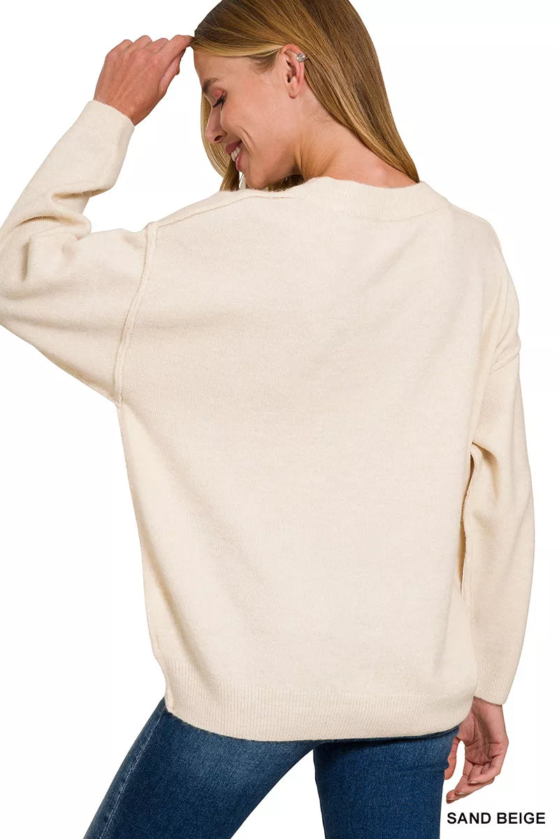 Melange Front Seam Round-Neck Sweater by Zenana – Cozy & Stylish