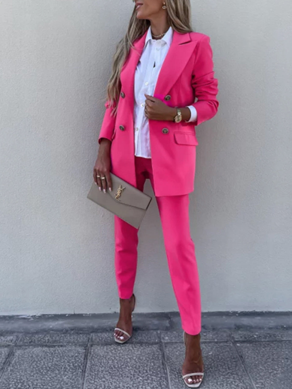 Lapel Collar Long Sleeve Blazer and Pants Set – Elegant Workwear Style