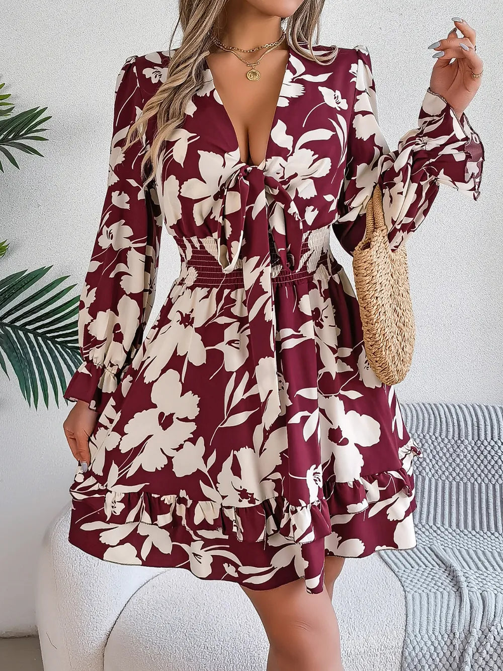 Tied Ruffled Printed Long Sleeve Dress – Shop Now
