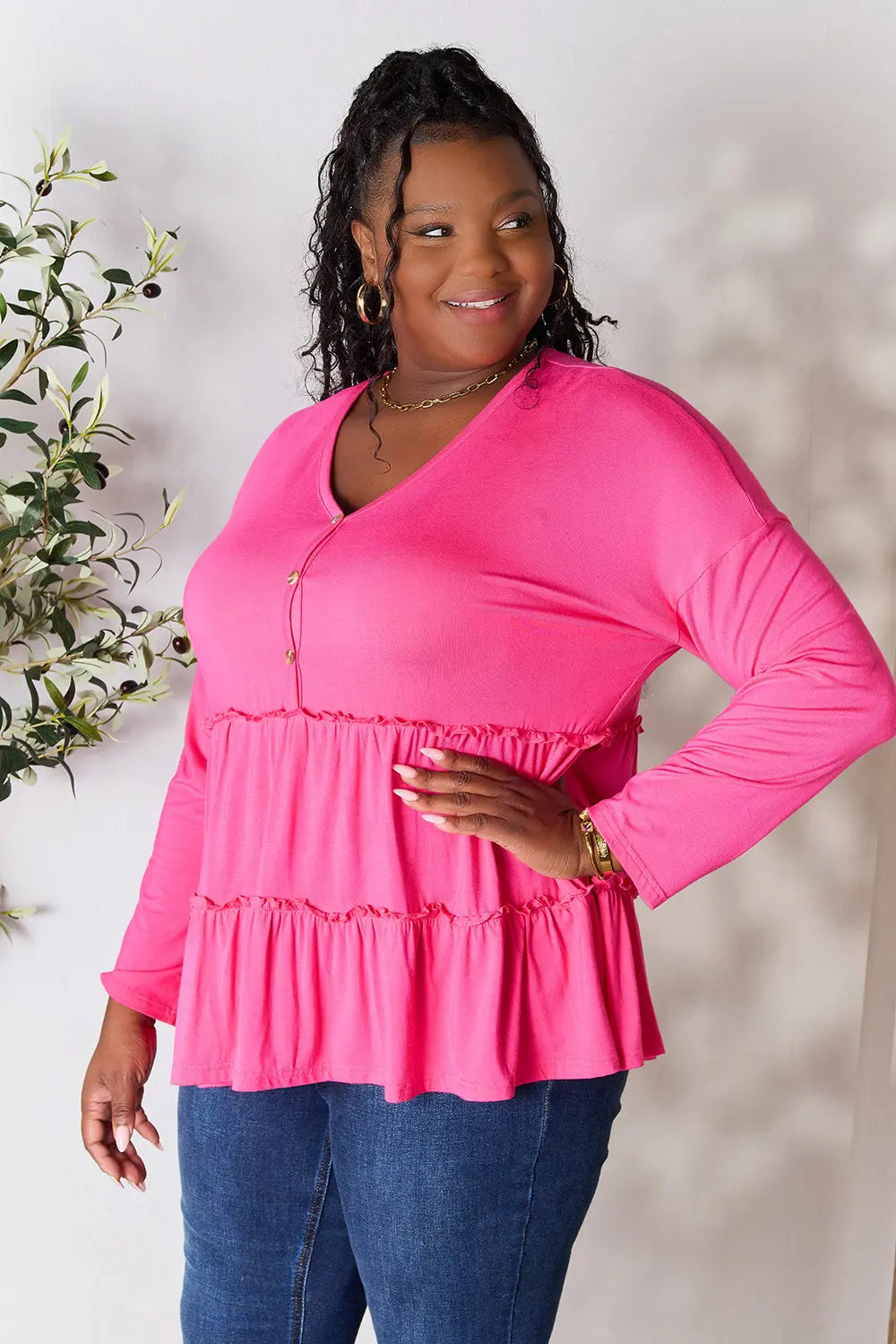 Double Take Half Button Long Sleeve Ruffle Hem Blouse | CentPrime