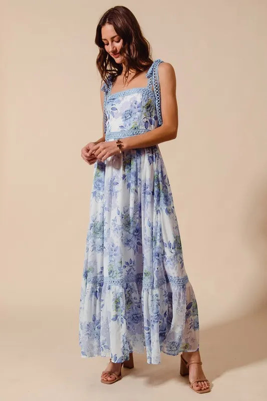 Floral Print Flowy Maxi Dress with Lace Ribbon Tie – Elegant Style