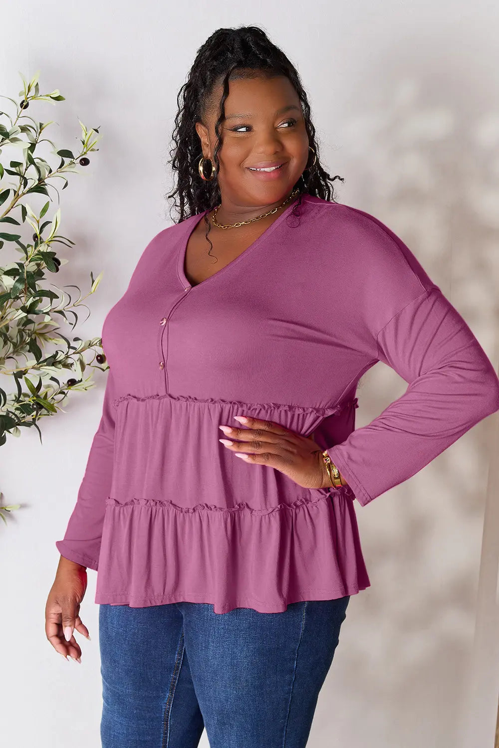 Double Take Half Button Long Sleeve Ruffle Hem Blouse | CentPrime