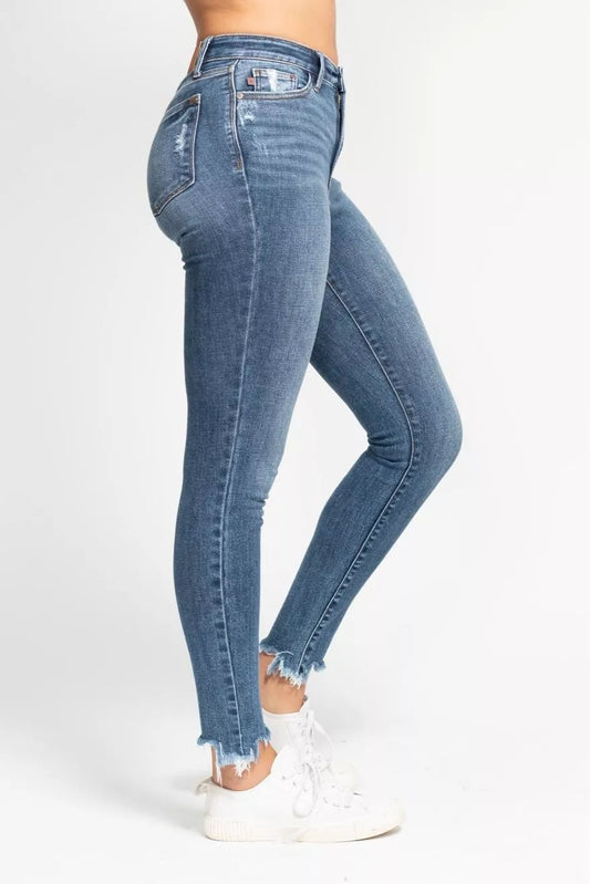 Side view of Judy Blue Skinny Jeans showing destroyed detailing and modern high-waist fit, perfect for US fashion trends