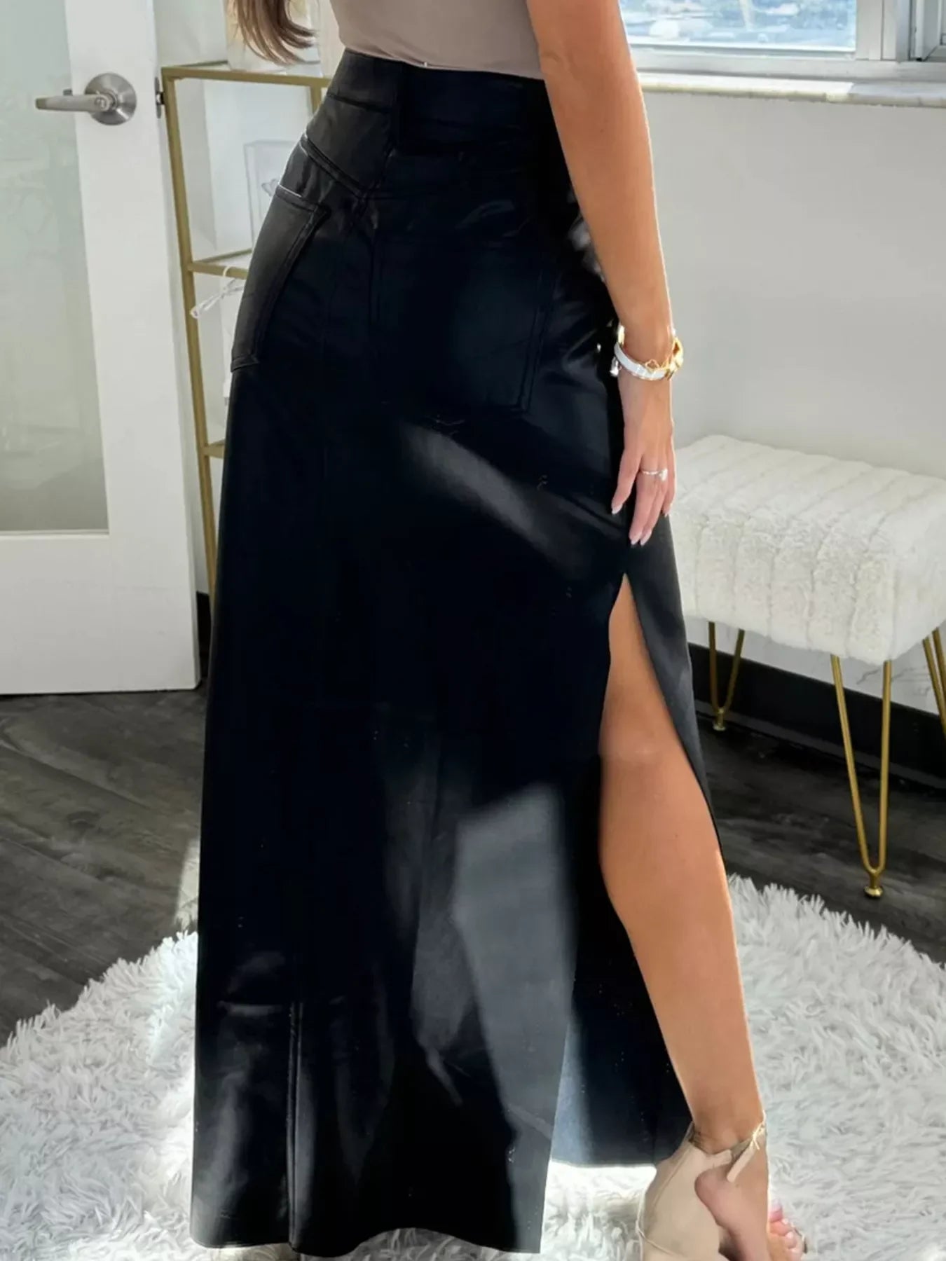 Leather High-Waist Side Slit Maxi Skirt – Chic & Edgy Style