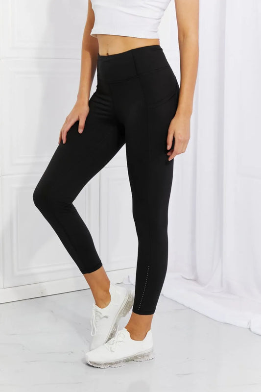 Side view of Leggings Depot Strengthen and Lengthen reflective dot active leggings showing sleek athletic silhouette