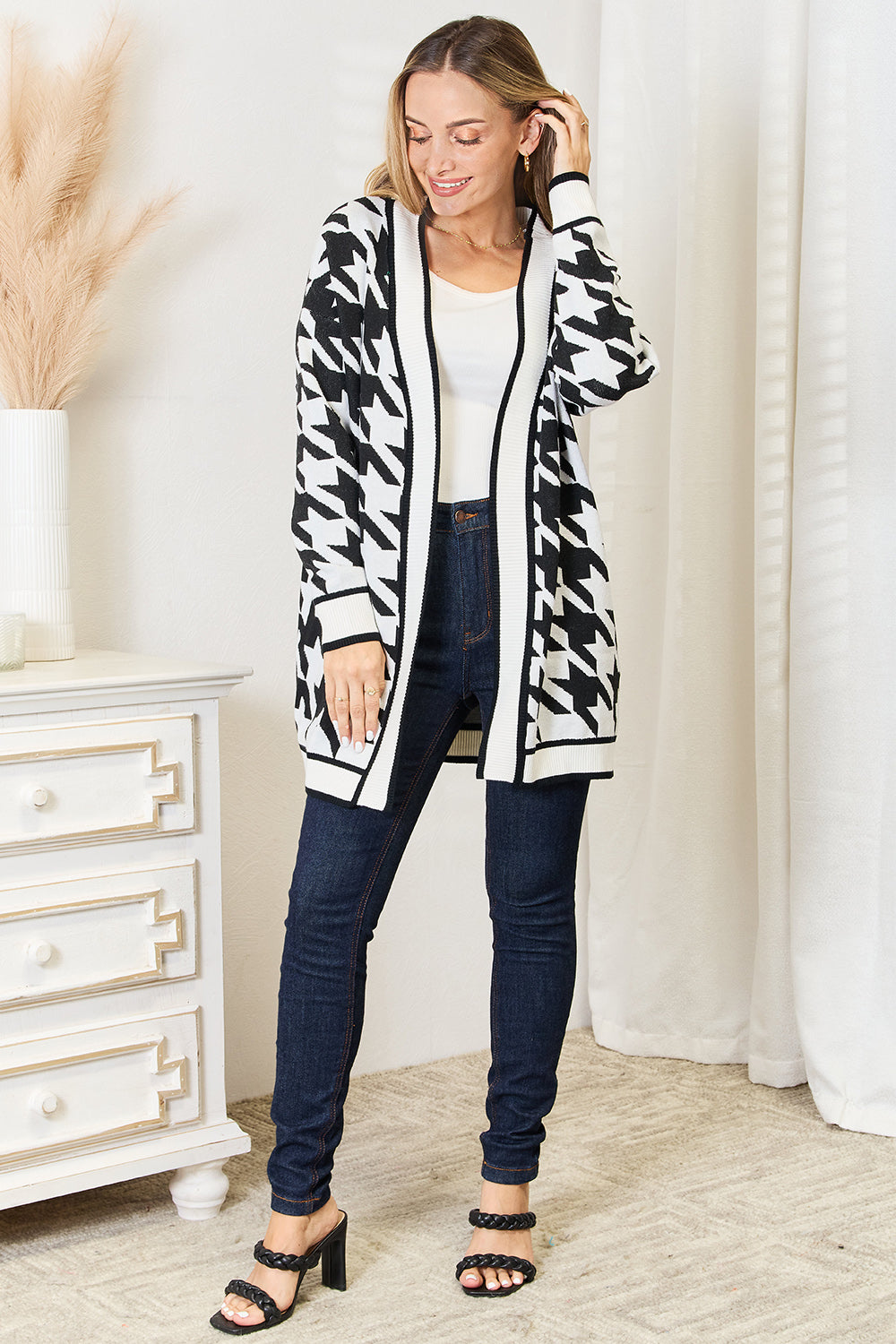 Mandy Houndstooth Open Front Longline Cardigan - Stretchy Chic