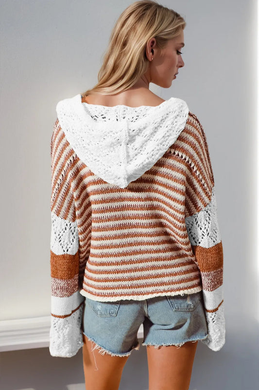 back view of women’s openwork hooded sweater highlighting contrast detail relaxed fit and breathable knit texture