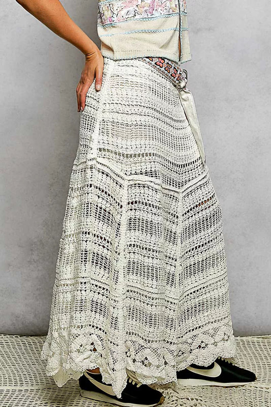 Side view of POL boho crochet knit maxi skirt showing length and drape