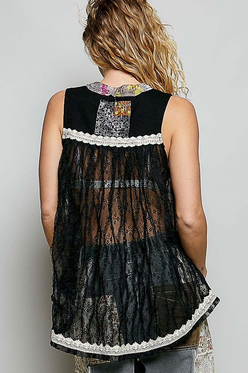 Back view of POL floral lace trim tank top. Sheer V-neckline mirrors front. Lace trim across shoulder blades. Boho sleeveless blouse. Breathable summer fabric.