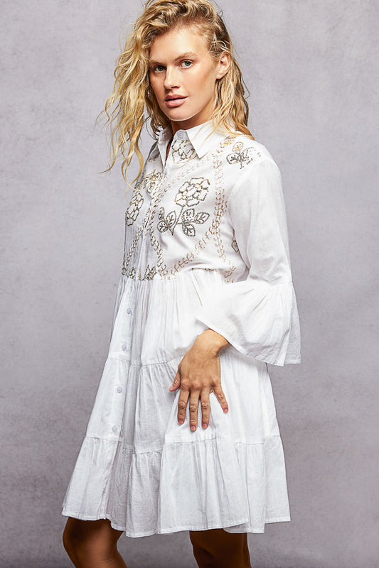 POL Floral Sequin Embroidered Mini Tiered Shirt Dress side view showing tiered A-line silhouette, ruffled hem, and regular fit cotton fabric