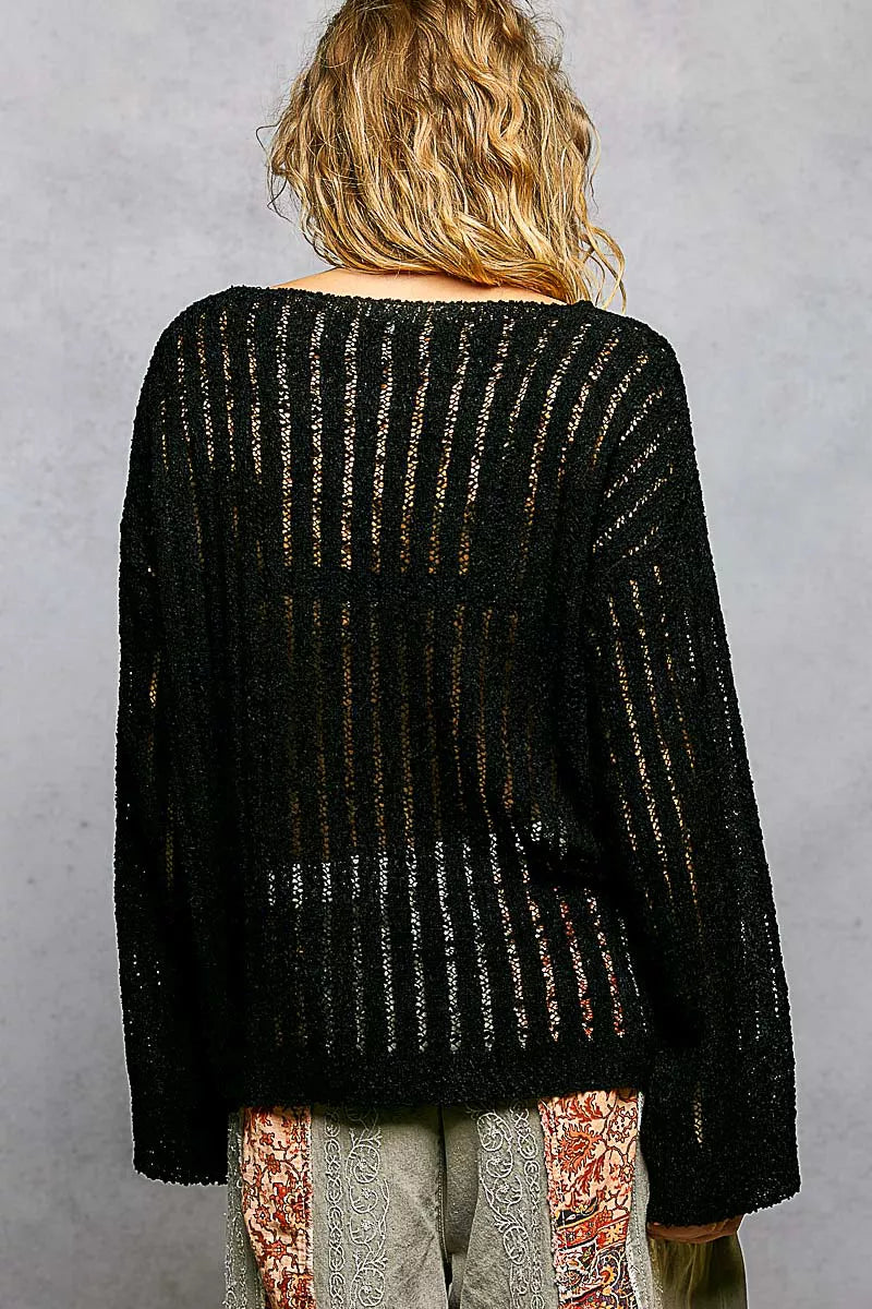 POL round neck sweater back view open weave lightweight breathable knit top