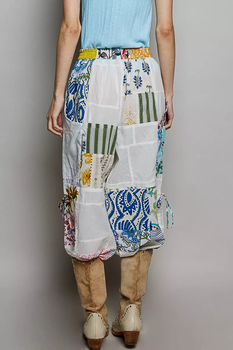 POL printed wide leg pants back view patchwork cotton adjustable side drawstring