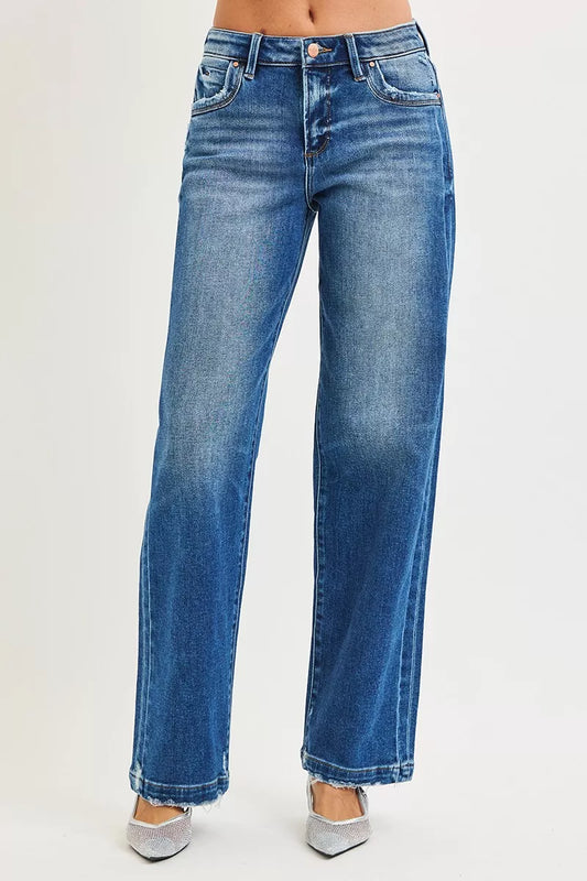 Front outfit view of RISEN full size slouchy baggy jeans with pocket side seam detail showing trendy relaxed womens denim