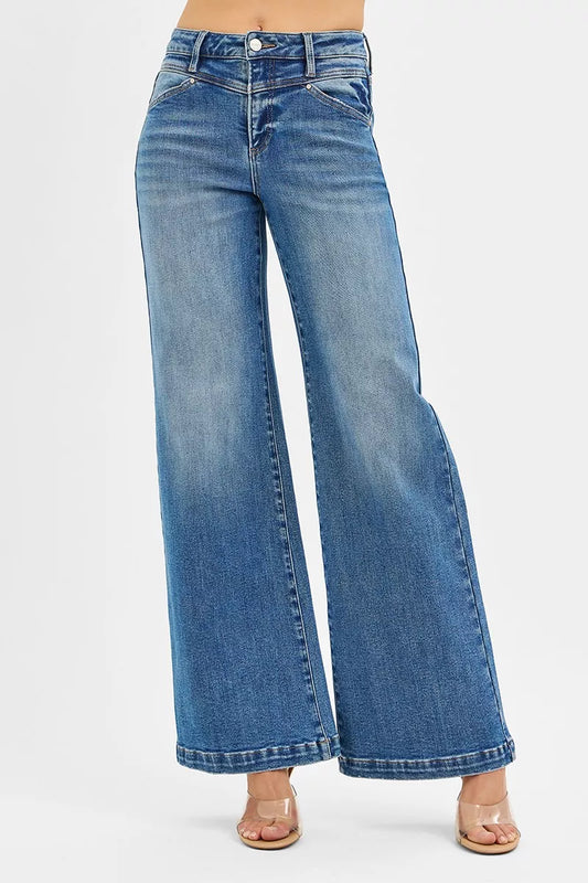 Second front view of RISEN wide leg jeans showing high rise silhouette and relaxed full length denim design