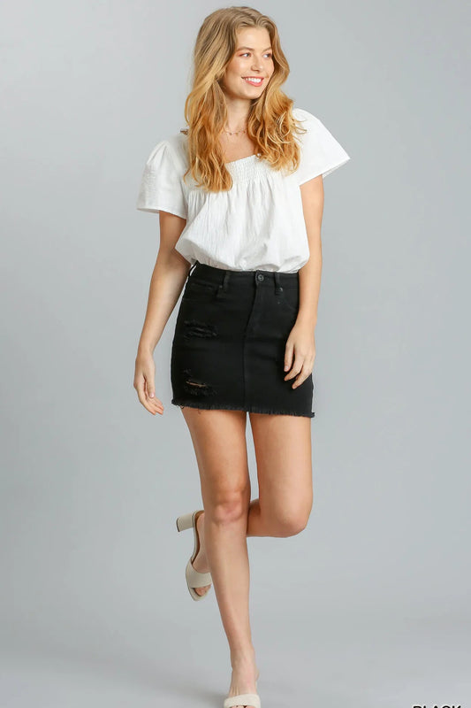 Umgee Distressed Raw Hem High Waist Denim Skirt – Trendy & Stylish