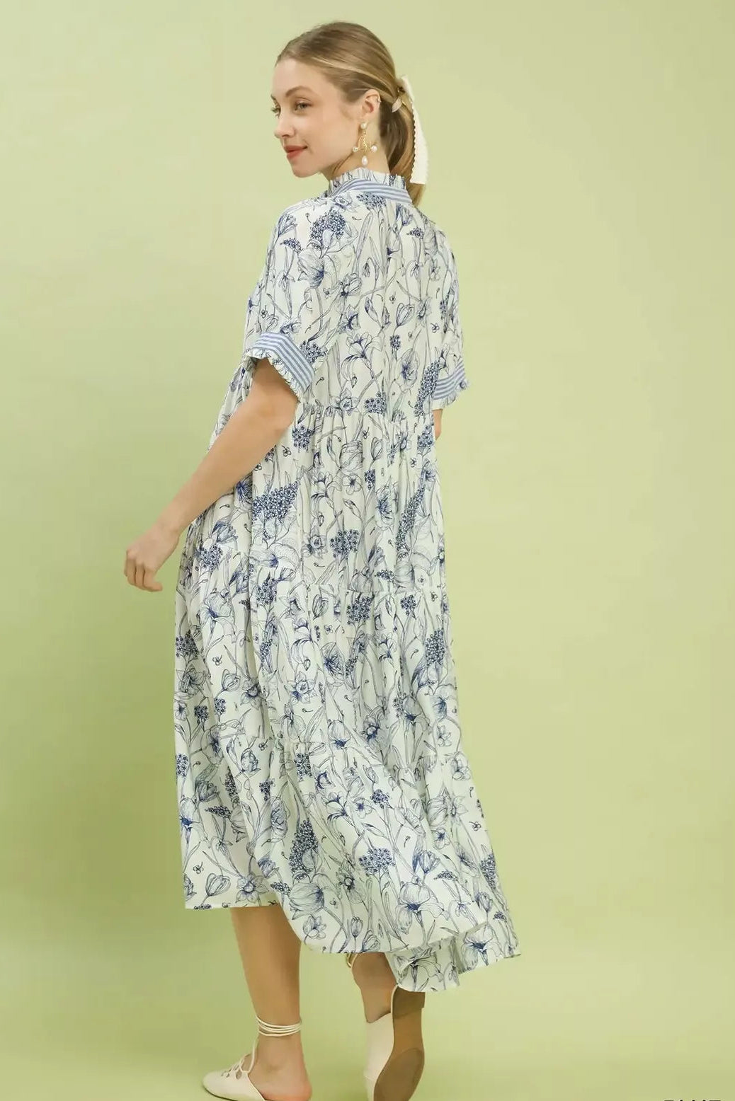 Back view of Umgee floral tiered midi dress showing lightweight fabric, layered ruffle design, and casual feminine fit