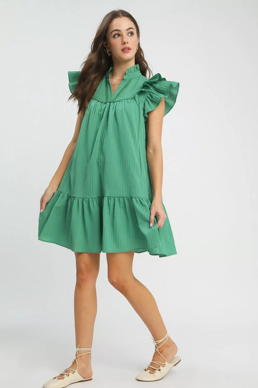 Alternate front view of Umgee flutter sleeve tiered dress showing flirty tiered layers and feminine boutique style.