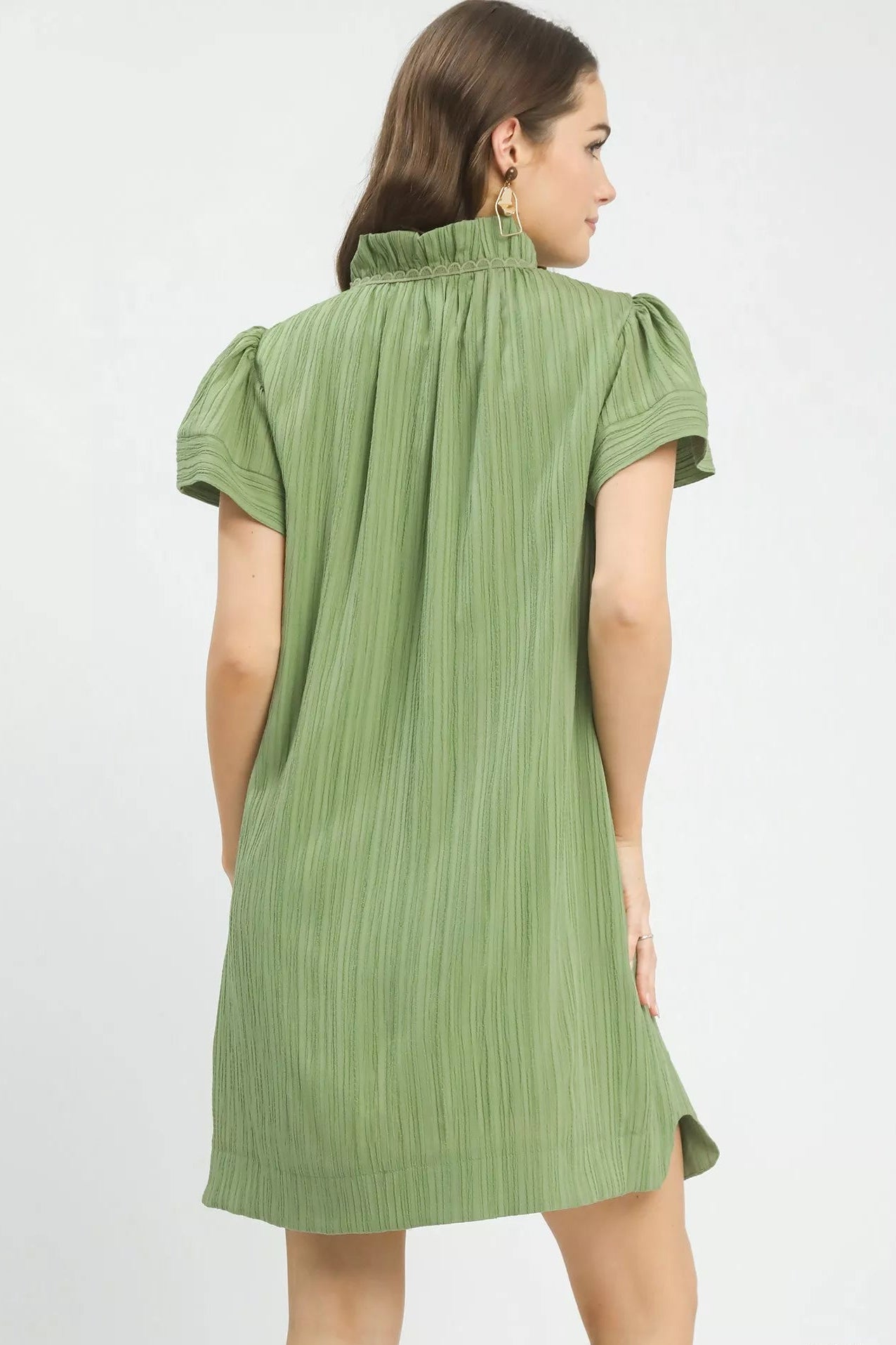 Back view of Umgee flutter sleeve V-neck shift dress showing overall silhouette and fit