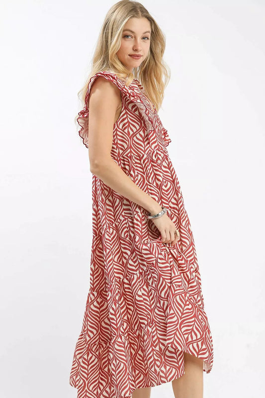 Umgee Leaf Print Tiered Midi Dress | Ruffle Detail | Centprime