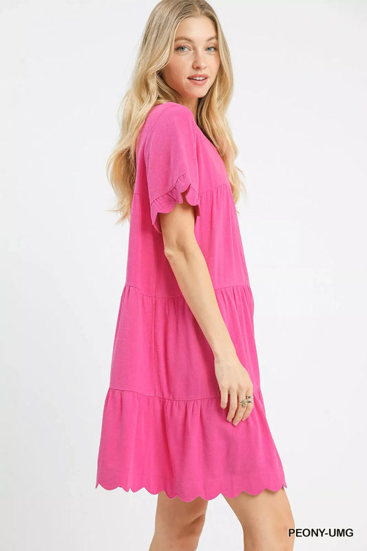 Umgee Linen Tiered Babydoll Dress with Ruffle Sleeves for Summer