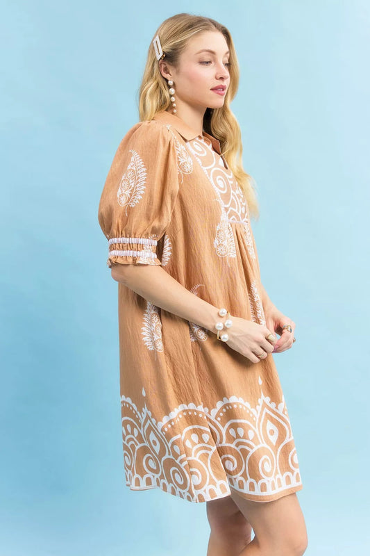 Side view of Umgee paisley mandala print babydoll dress highlighting babydoll silhouette.